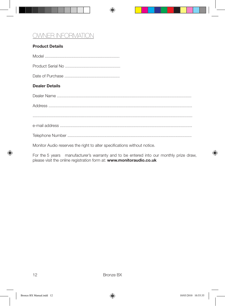 Owner information | Monitor Audio BX Series User Manual | Page 14 / 16