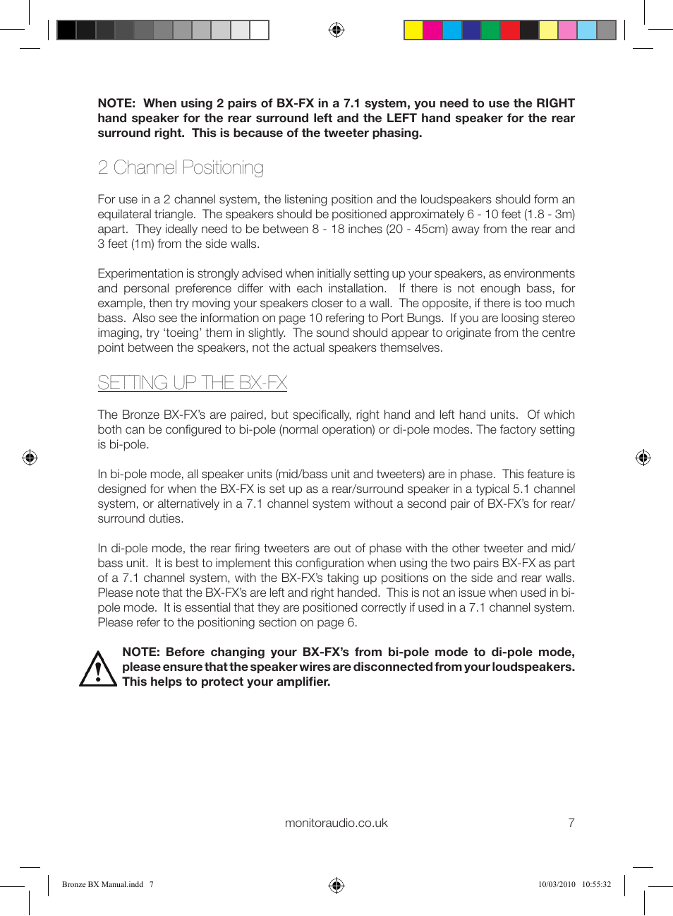 2 channel positioning, Setting up the bx-fx | Monitor Audio BX Series User Manual | Page 9 / 16