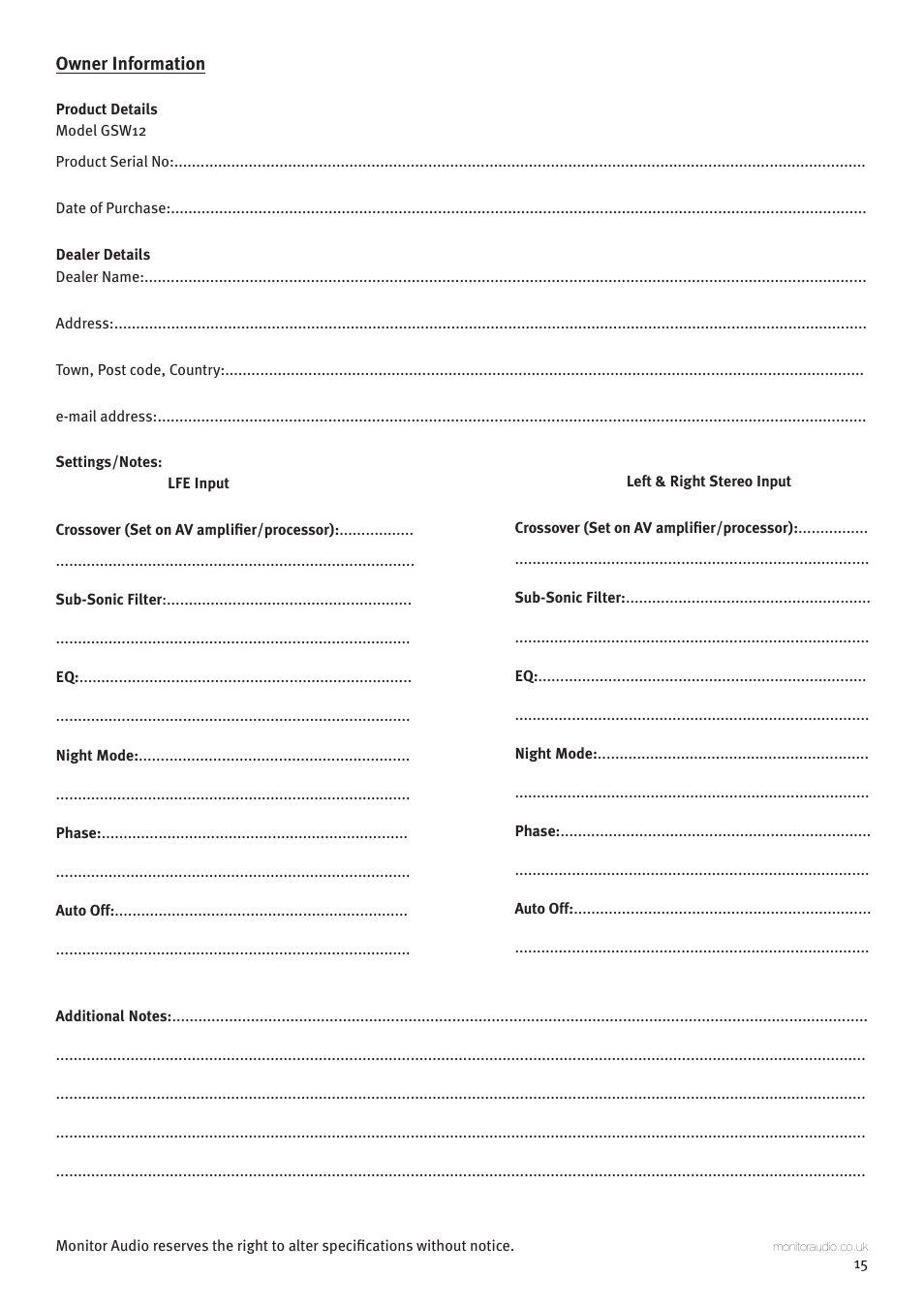 Monitor Audio GSW12 User Manual | Page 17 / 18