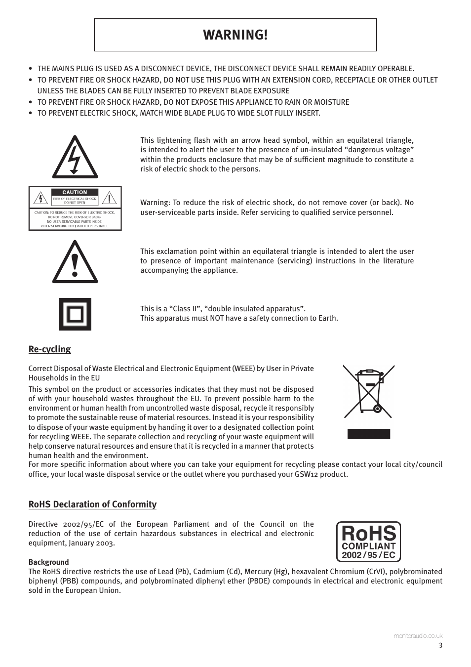 Warning | Monitor Audio GSW12 User Manual | Page 5 / 18