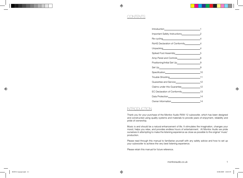 Contents introduction | Monitor Audio SILVER RXW-12 User Manual | Page 2 / 11