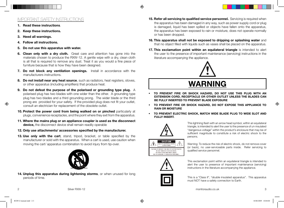 Warning, Important safety instructions | Monitor Audio SILVER RXW-12 User Manual | Page 3 / 11