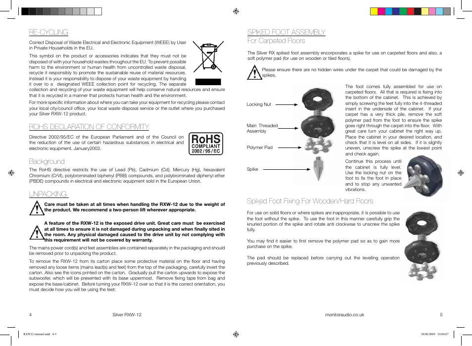 Spiked foot assembly for carpeted floors, Re-cycling, Rohs declaration of conformity | Background, Unpacking, Spiked foot fixing for wooden/hard floors | Monitor Audio SILVER RXW-12 User Manual | Page 4 / 11