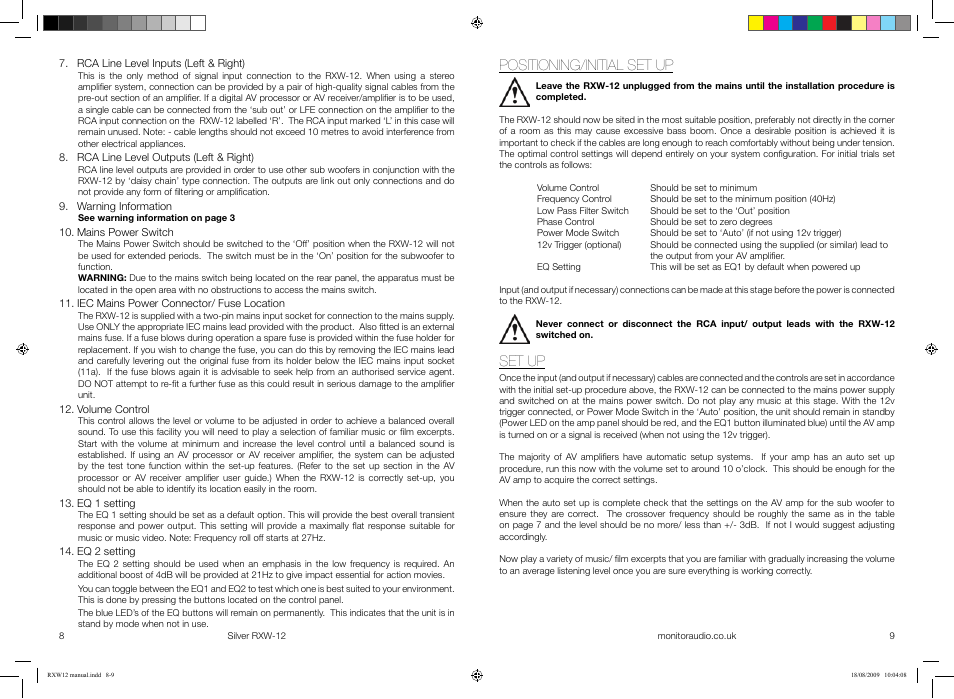 Positioning/initial set up, Set up | Monitor Audio SILVER RXW-12 User Manual | Page 6 / 11