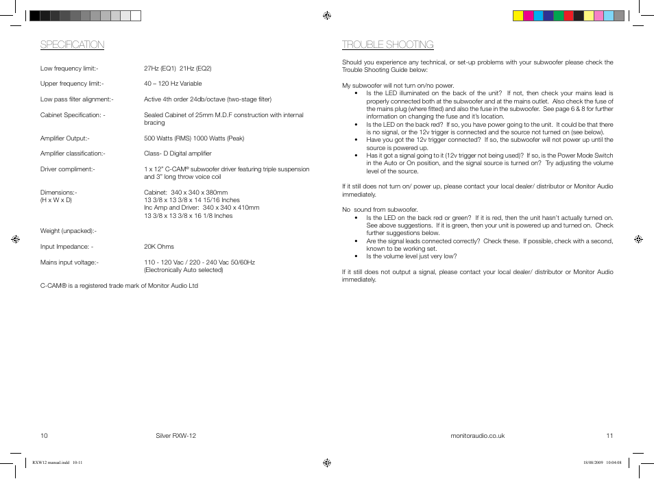 Specification, Trouble shooting | Monitor Audio SILVER RXW-12 User Manual | Page 7 / 11