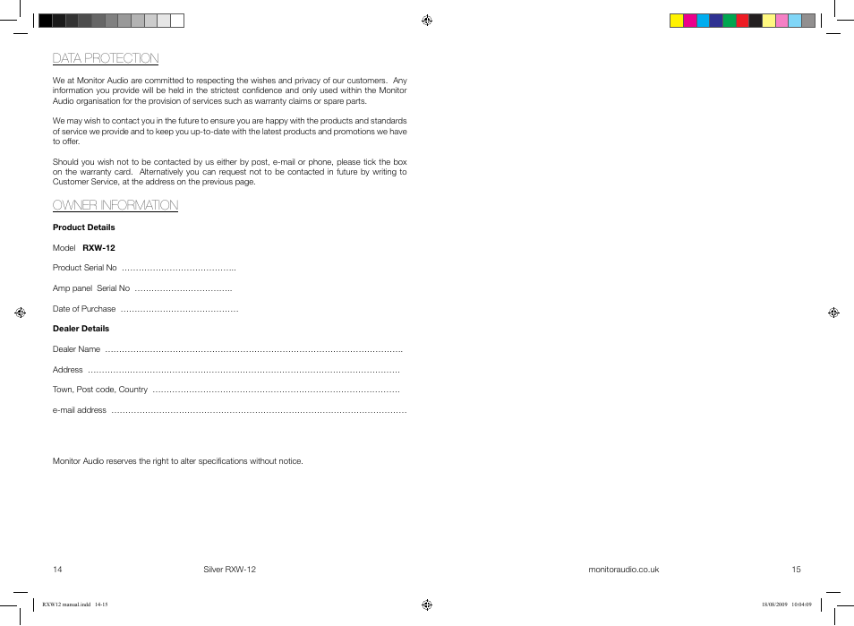 Data protection, Owner information | Monitor Audio SILVER RXW-12 User Manual | Page 9 / 11
