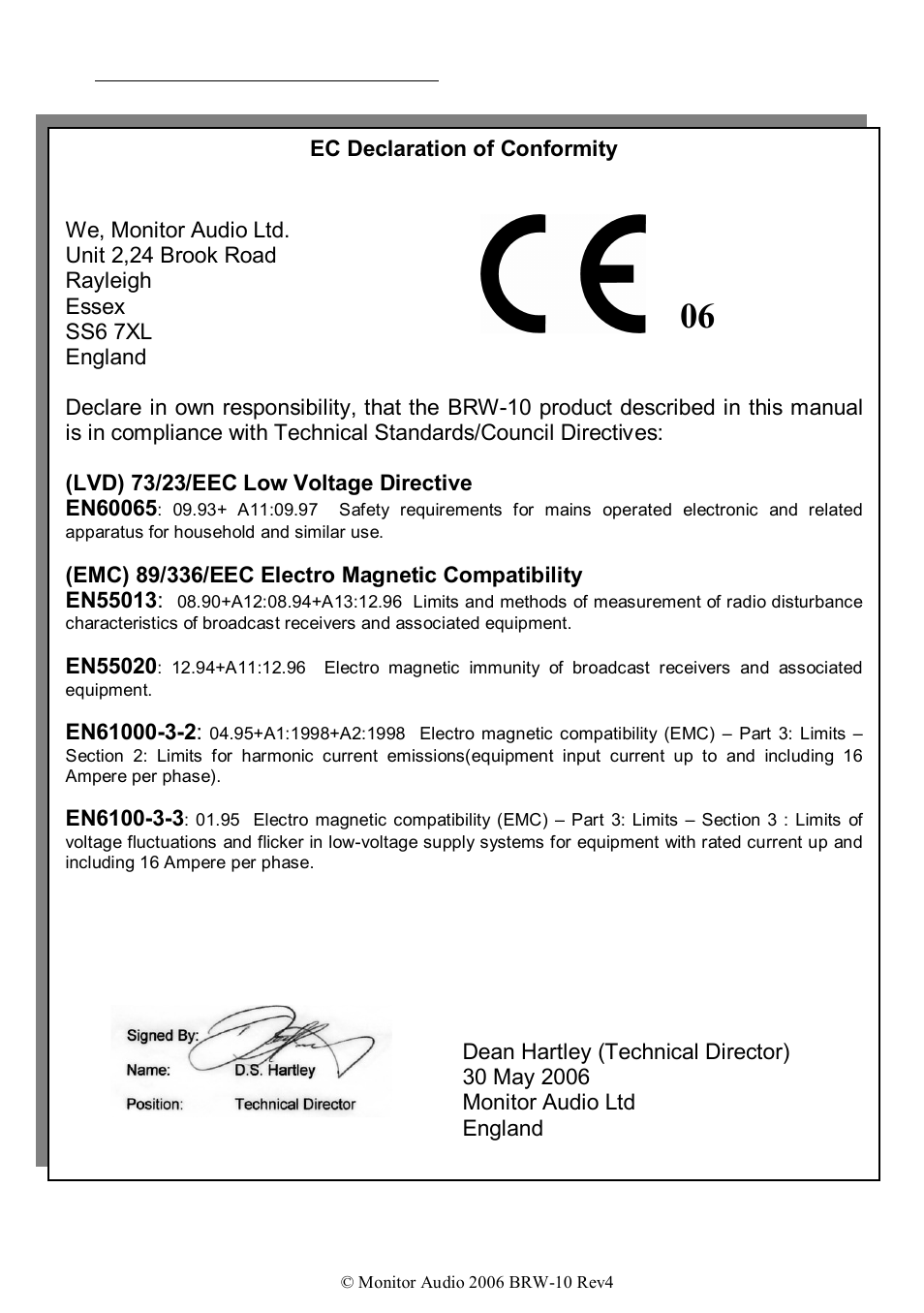 Ec declaration of conformity | Monitor Audio BRW-10 User Manual | Page 12 / 13