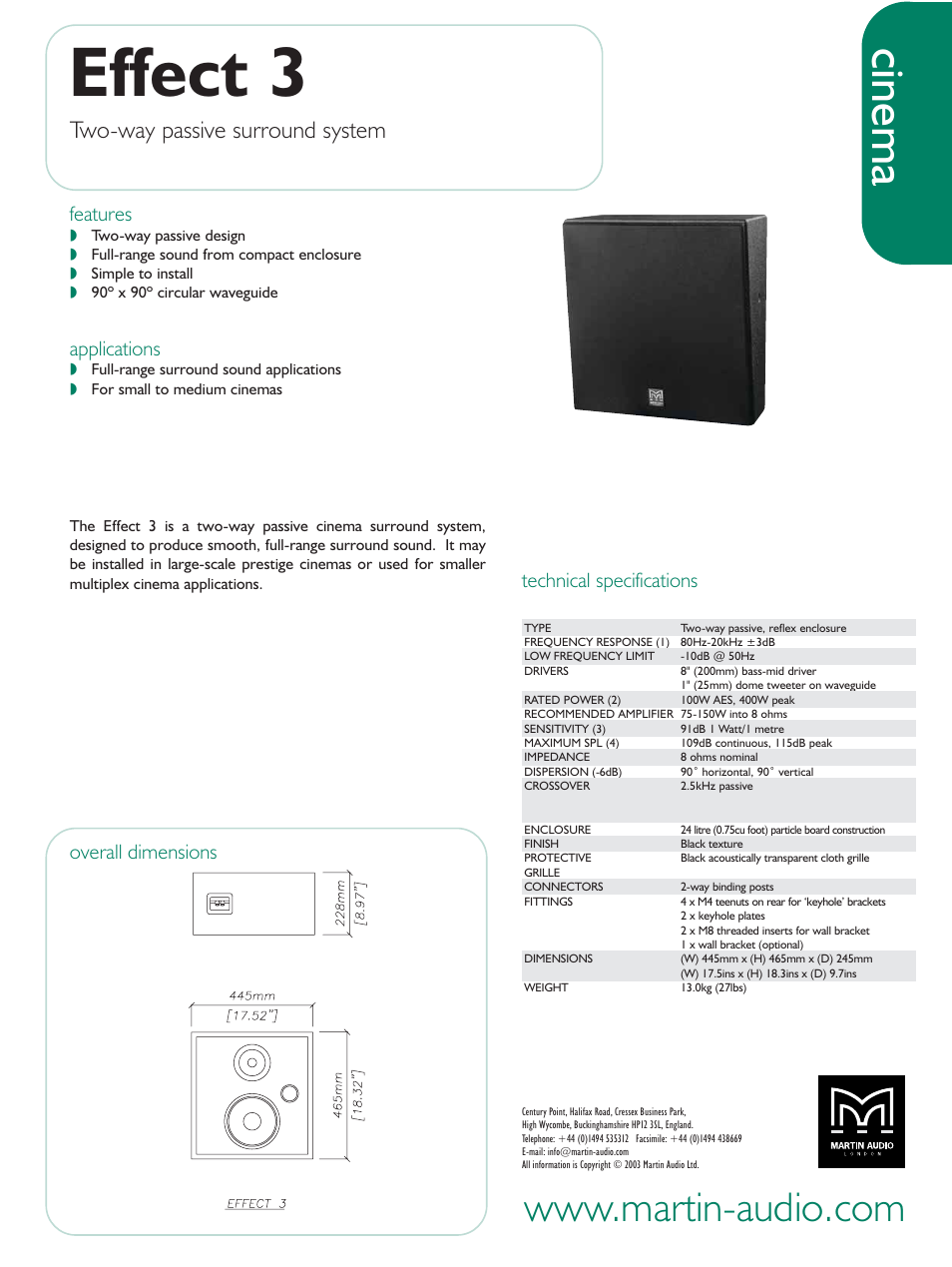 Martin Audio Cinema Effect 3 User Manual | 1 page