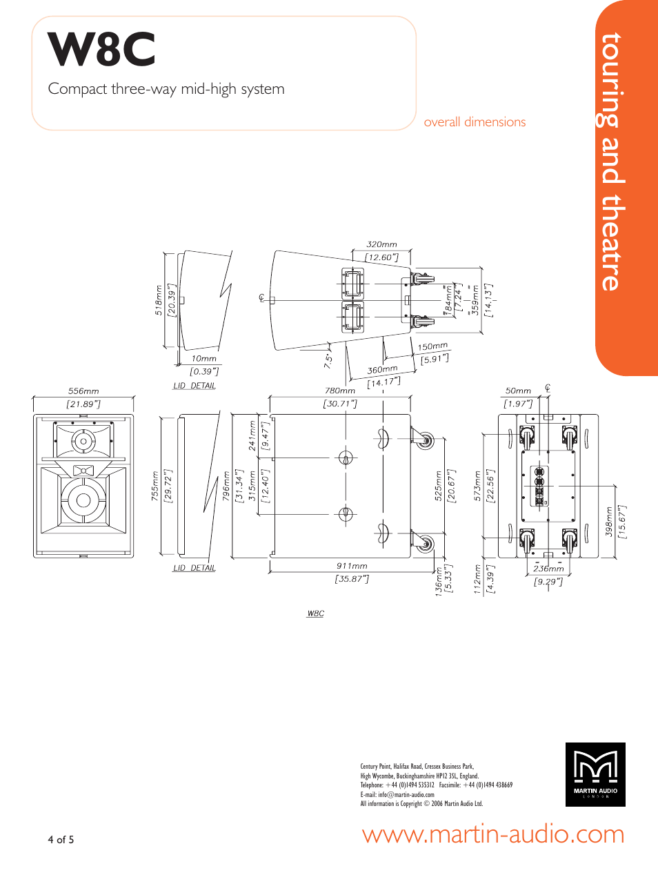 Overall dimensions, Touring and theatre | Martin Audio Compact Three-way Mid-high System W8C User Manual | Page 4 / 5