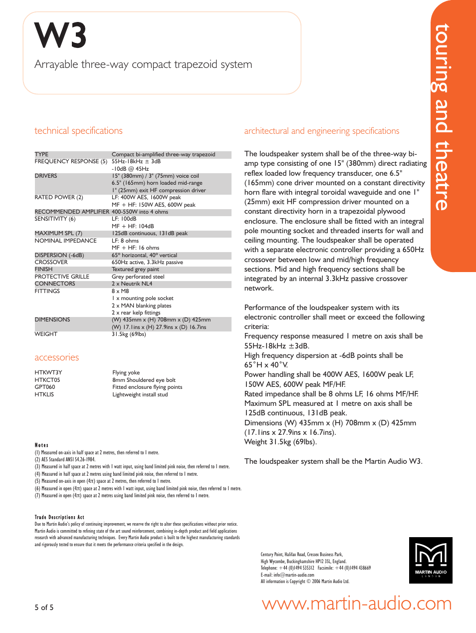 Technical specifications, Architectural and engineering specifications, Accessories | Ww3 3, Touring and theatre, Arrayable three-way compact trapezoid system | Martin Audio WW33 User Manual | Page 5 / 5