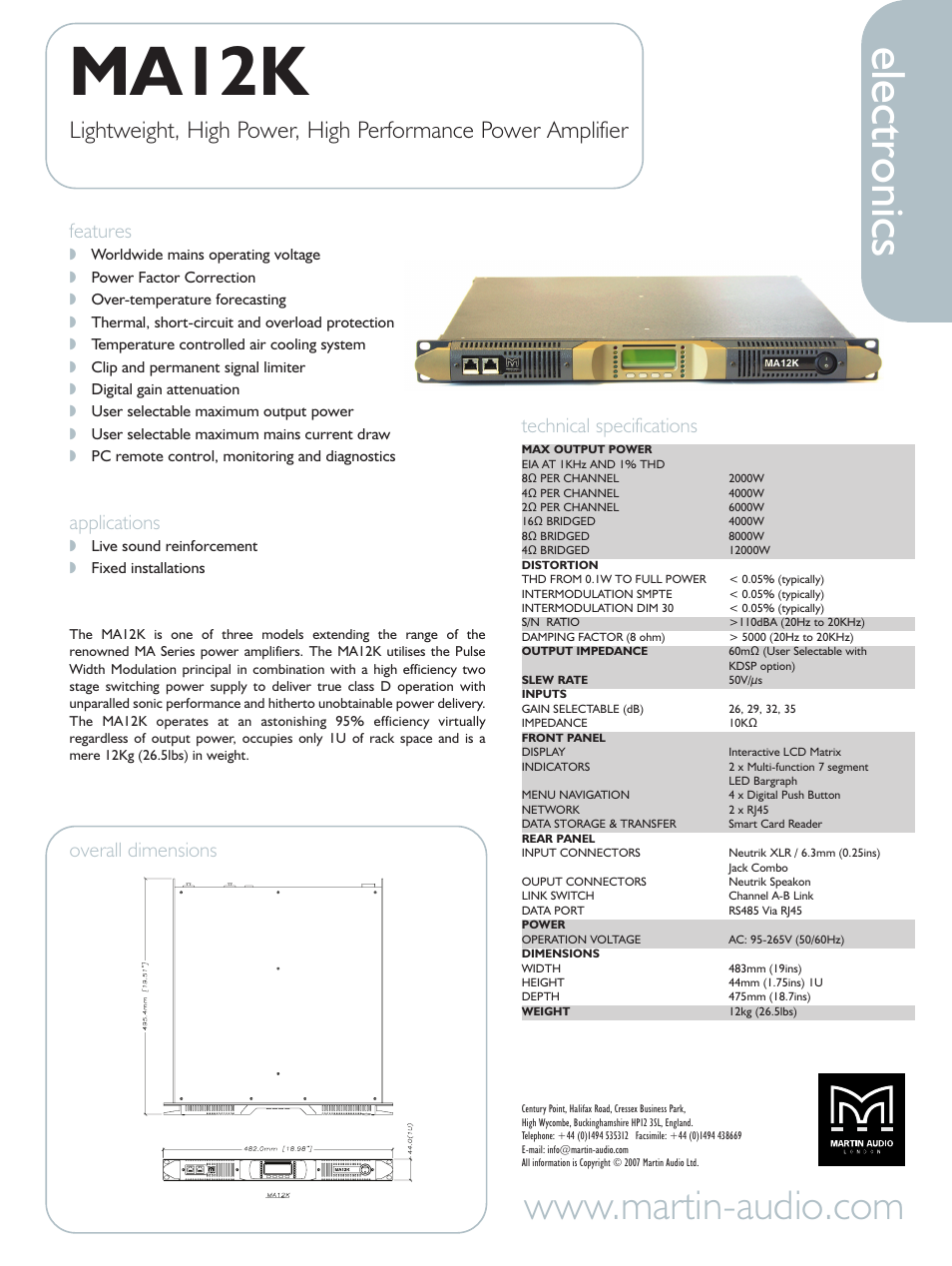 Martin Audio MA12K User Manual | 1 page