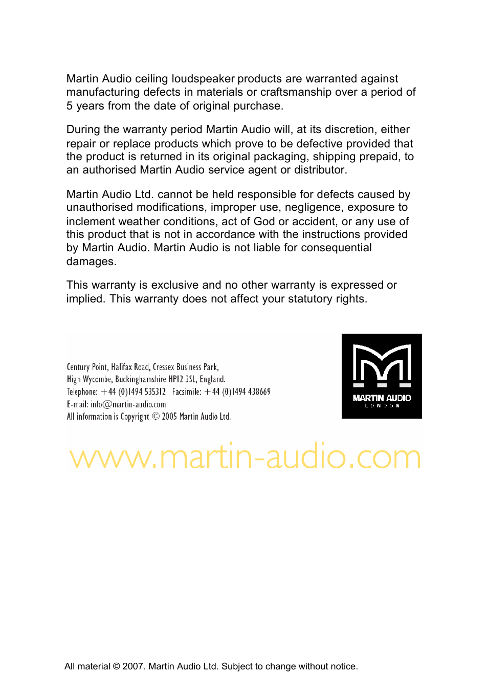 Warranty | Martin Audio CS10 User Manual | Page 13 / 13