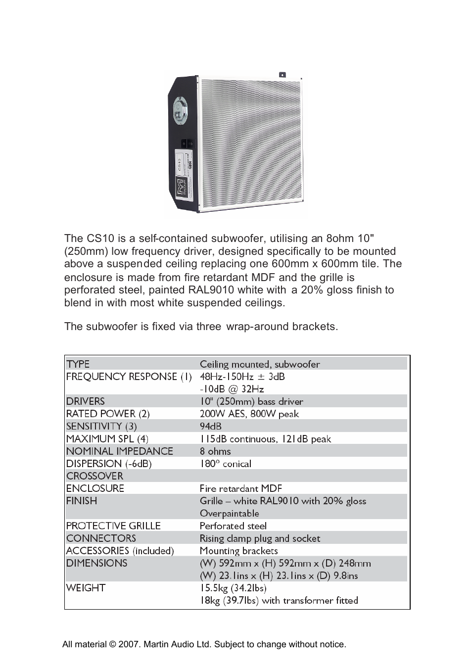 Cs10 ceiling subwoofer | Martin Audio CS10 User Manual | Page 3 / 13