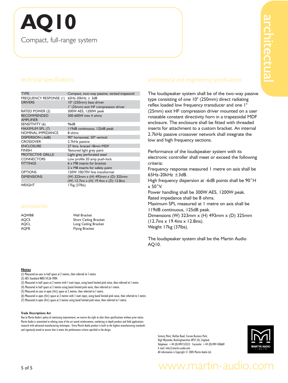 Aq10, Architectual, Compact, full-range system | Technical specifications, Accessories, Architectural and engineering specifications | Martin Audio AQ10 User Manual | Page 5 / 5