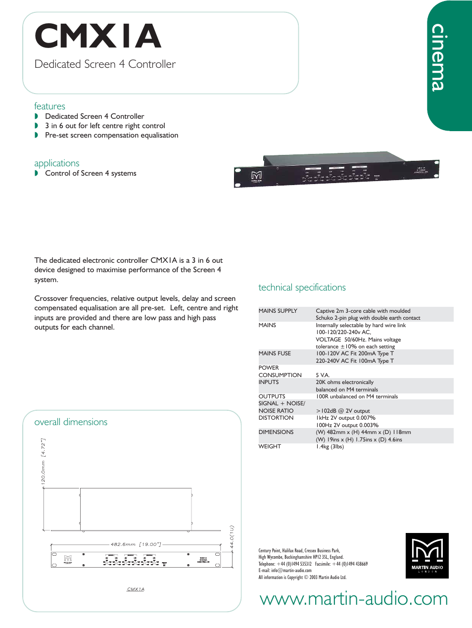 Martin Audio Dedicated Screen 4 Controller CMX1A User Manual | 1 page