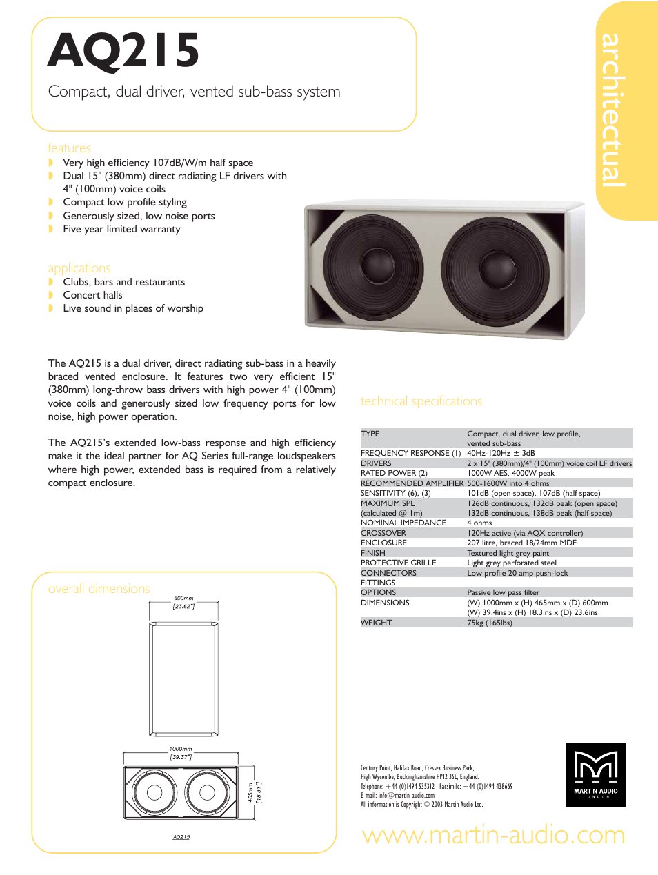 Martin Audio Architectual AQ215 User Manual | 1 page