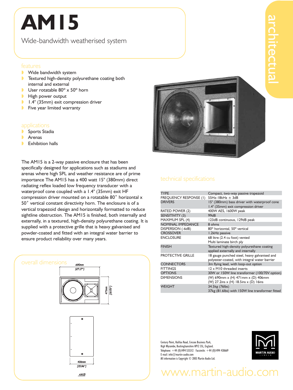Martin Audio Architectual AM15 User Manual | 1 page