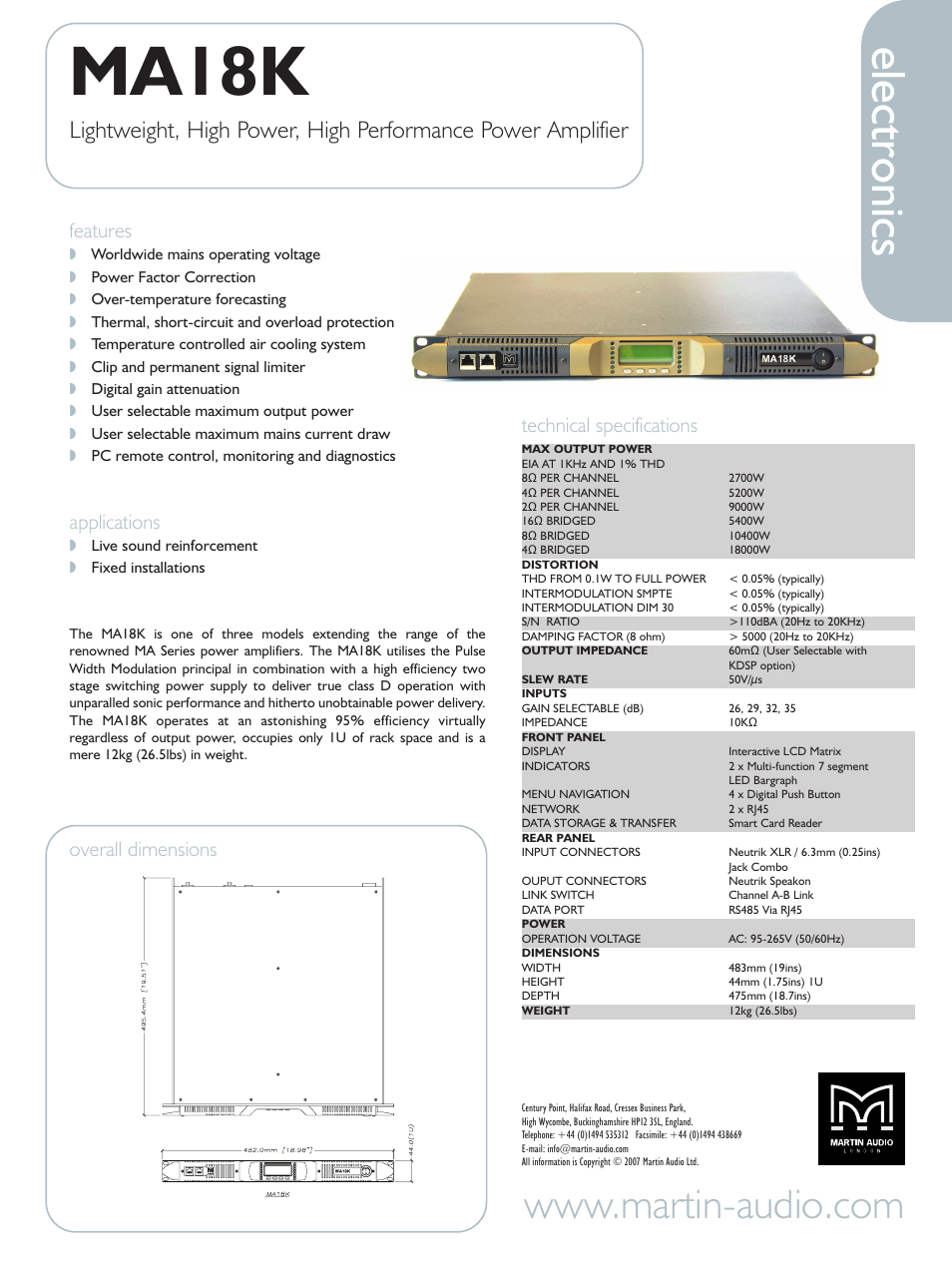 Martin Audio MA18K User Manual | 1 page