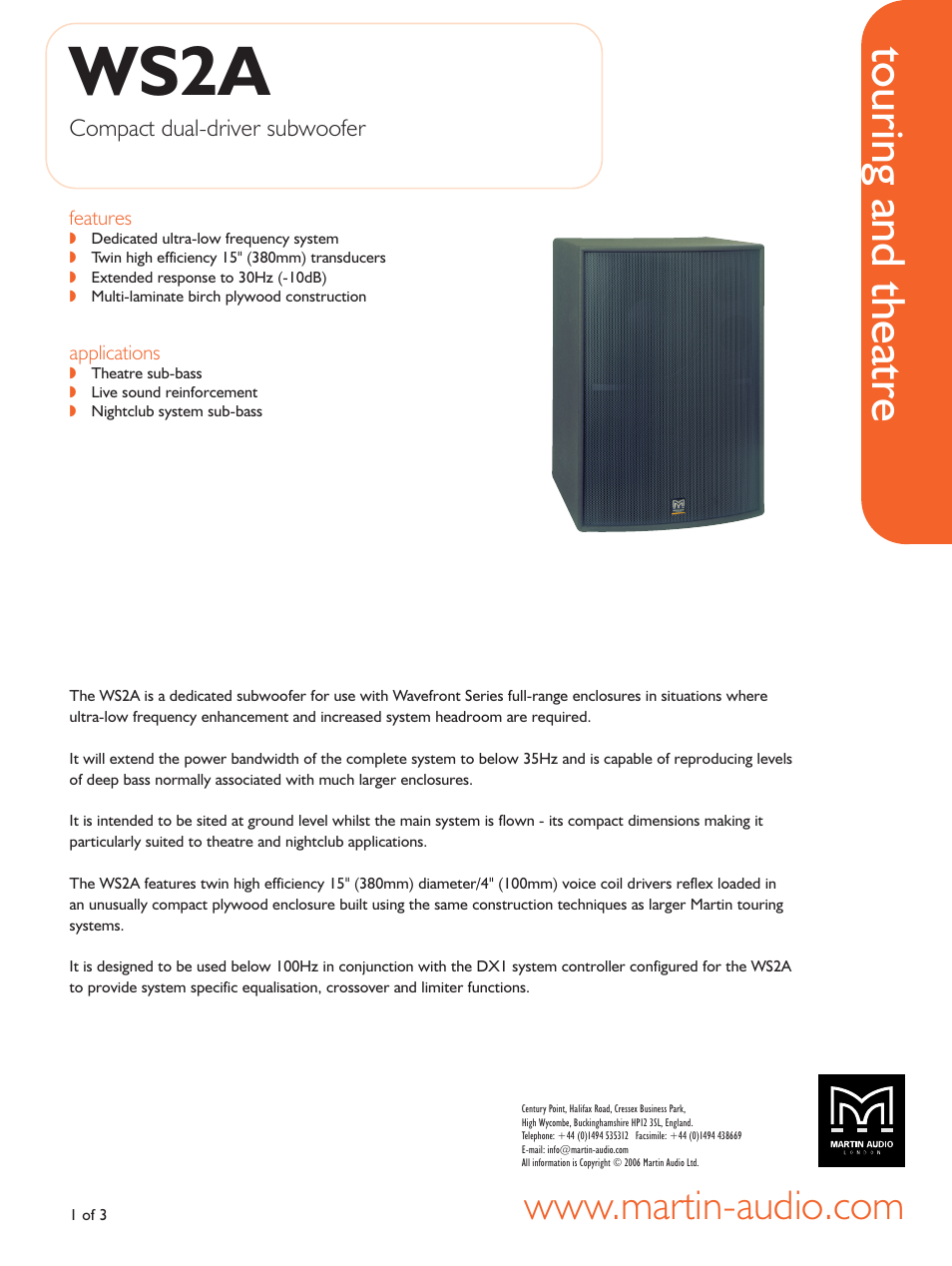 Martin Audio Compact Dual-driver Subwoofer WS2A User Manual | 3 pages