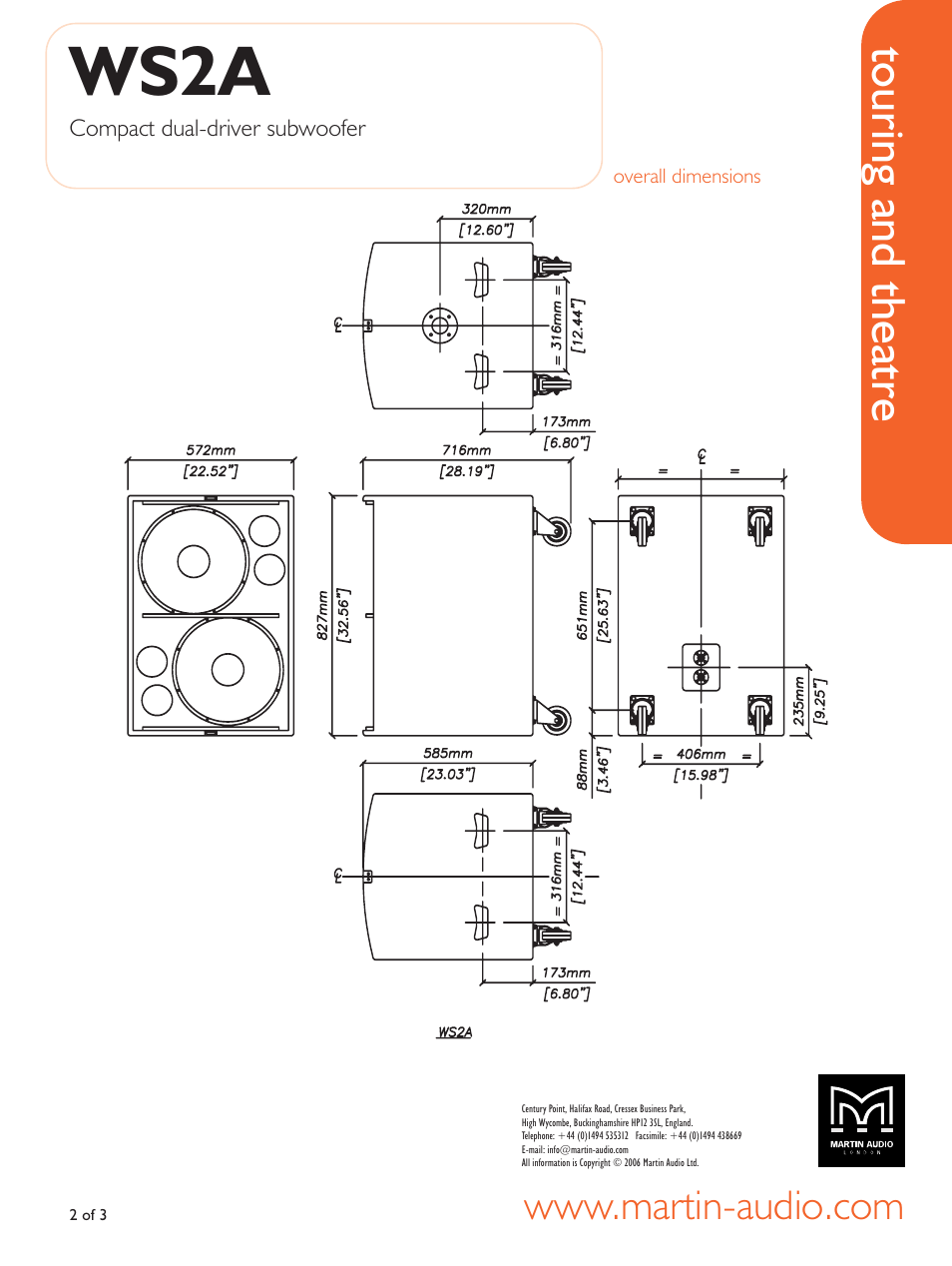 Overall dimensions, Ws2a, Touring and theatre | Martin Audio Compact Dual-driver Subwoofer WS2A User Manual | Page 2 / 3