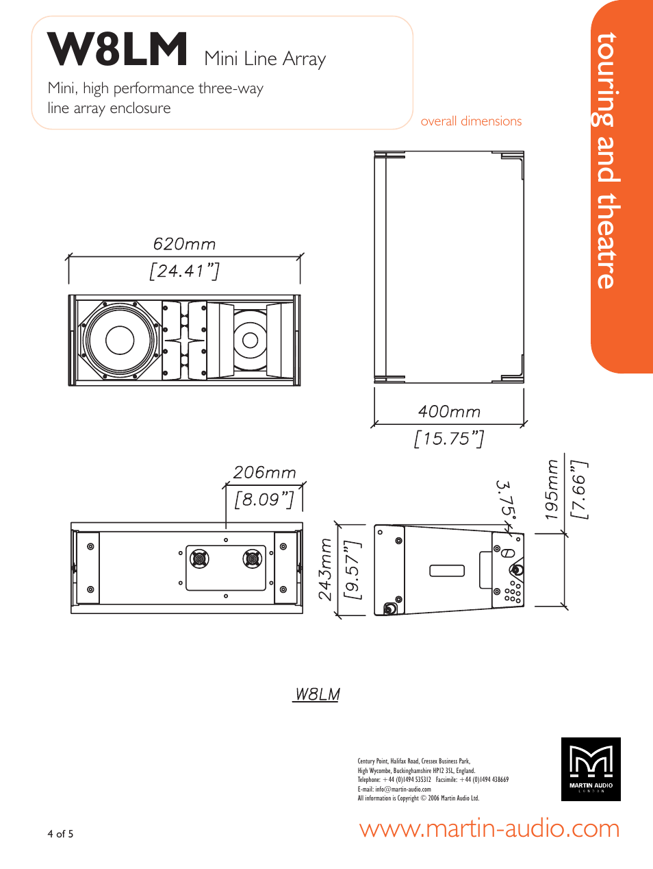 Overall dimensions, W8lm, Touring and theatre | Martin Audio W8LM User Manual | Page 4 / 5