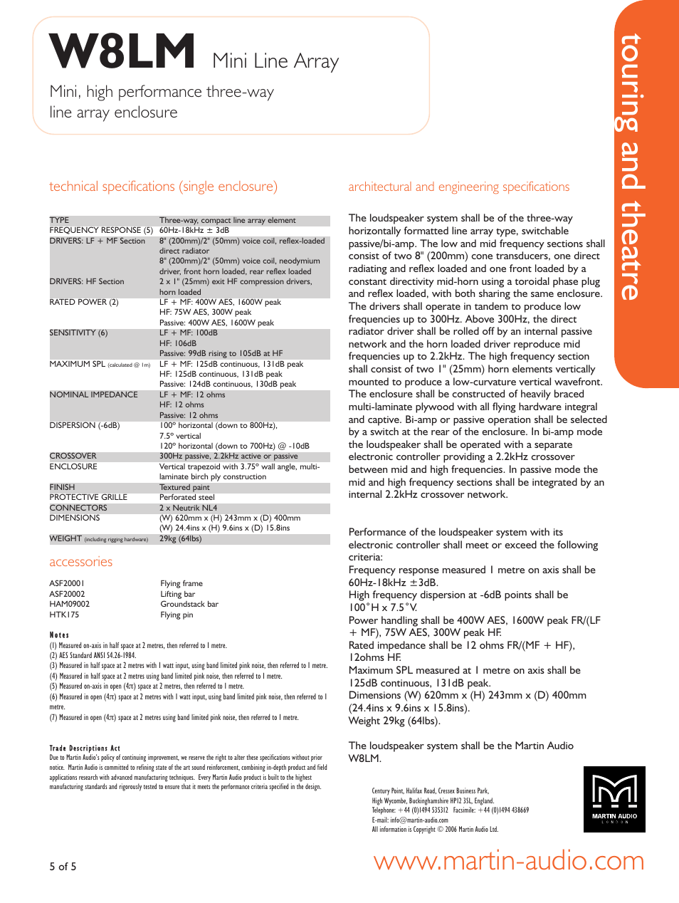 Technical specifications (single enclosure), Architectural and engineering specifications, Accessories | W8lm, Touring and theatre, Mini line array | Martin Audio W8LM User Manual | Page 5 / 5