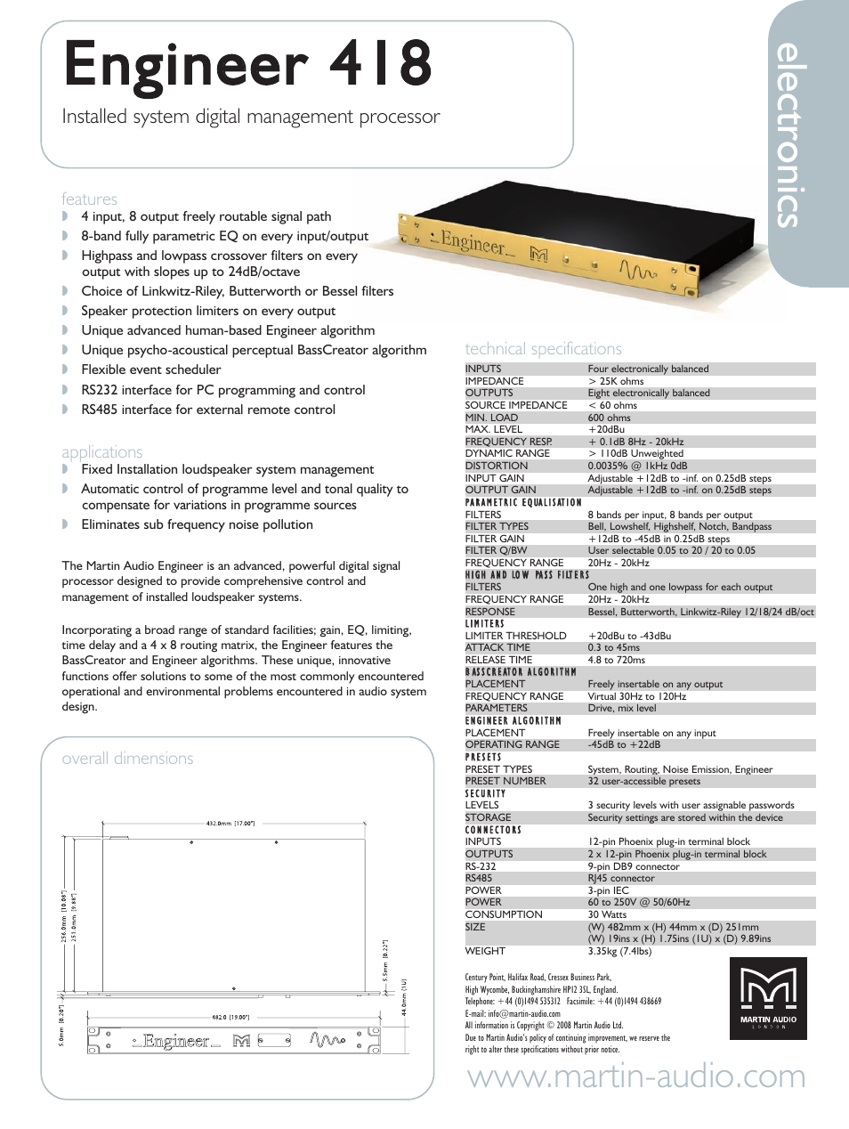 Martin Audio Installed System Digital Management Processor Engineer 418 User Manual | 1 page