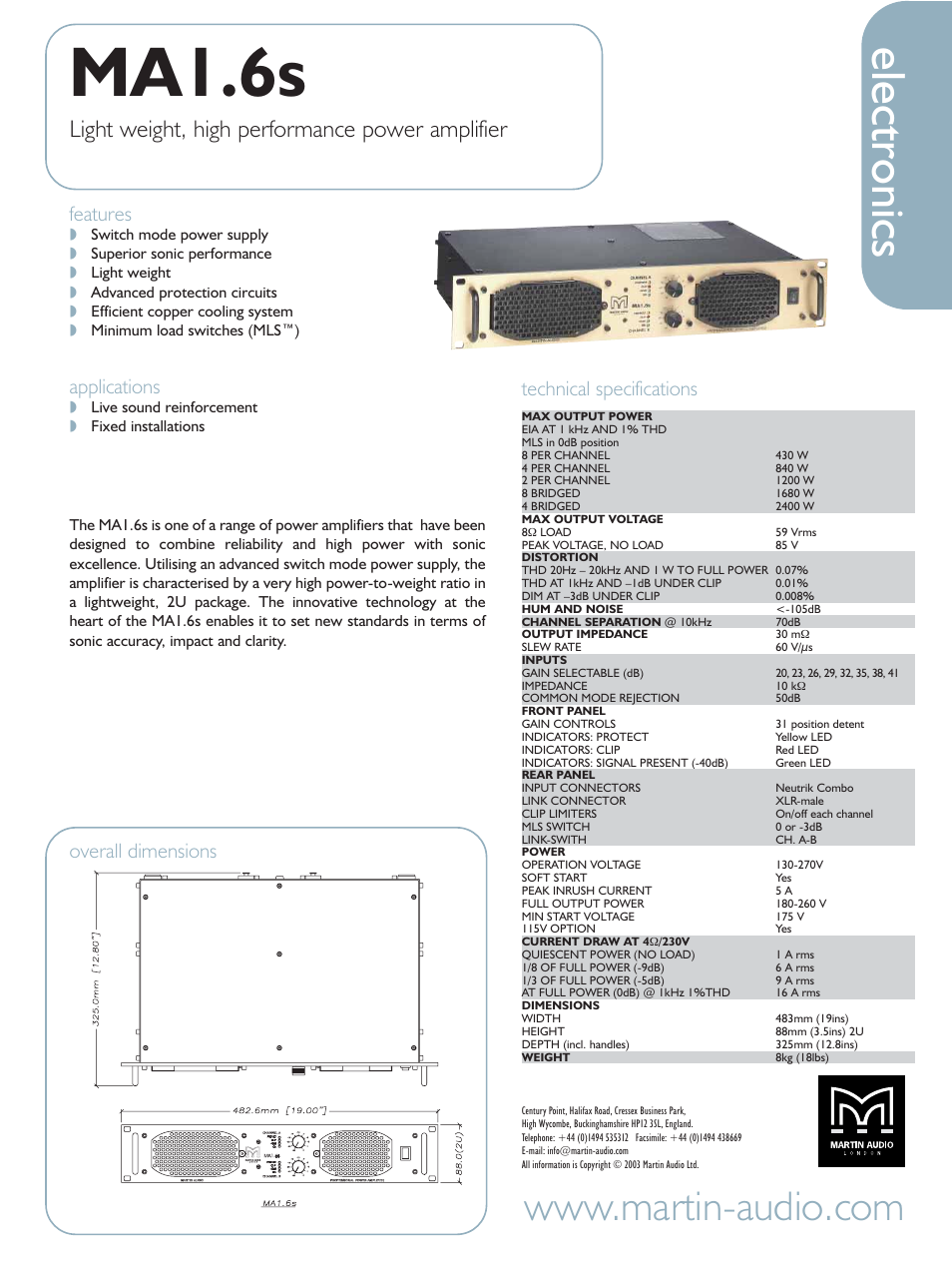 Martin Audio MA1.6s User Manual | 1 page