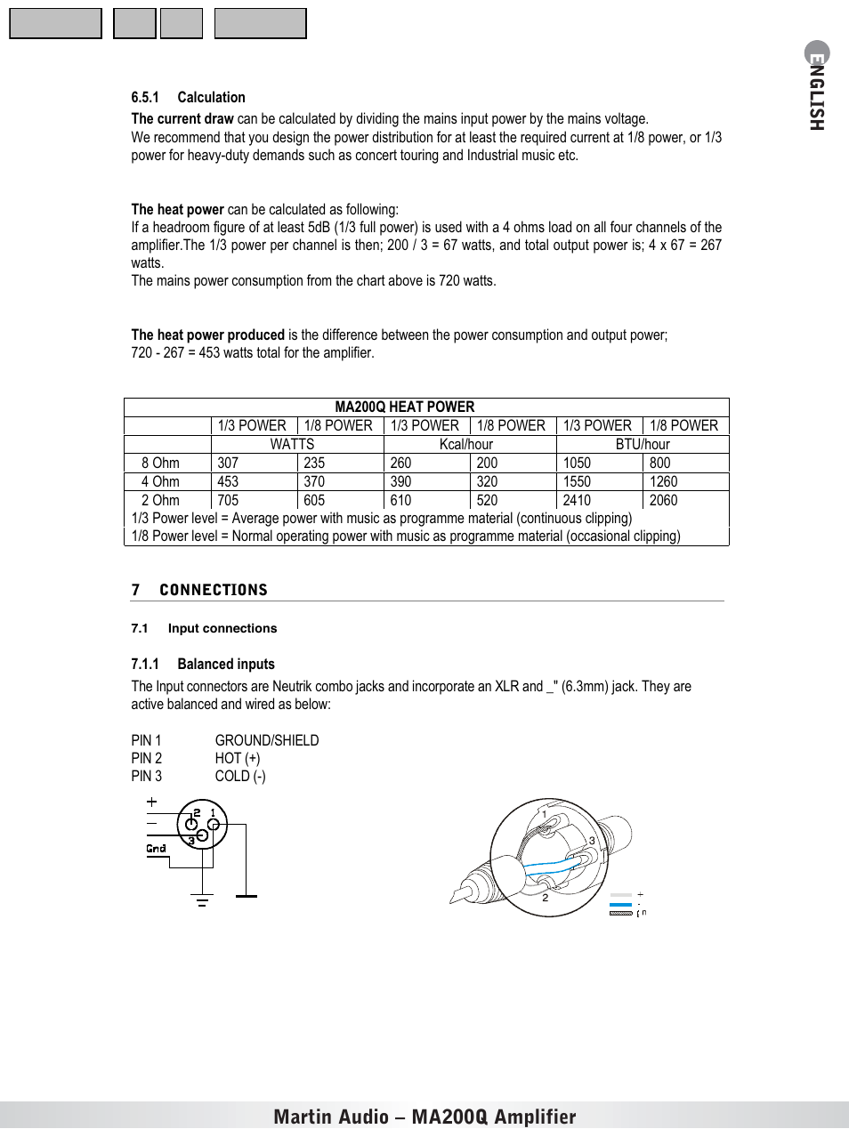 Calculation, Connections, Input connections | Balanced inputs, Martin audio – ma200q amplifier | Martin Audio MA200Q User Manual | Page 11 / 21