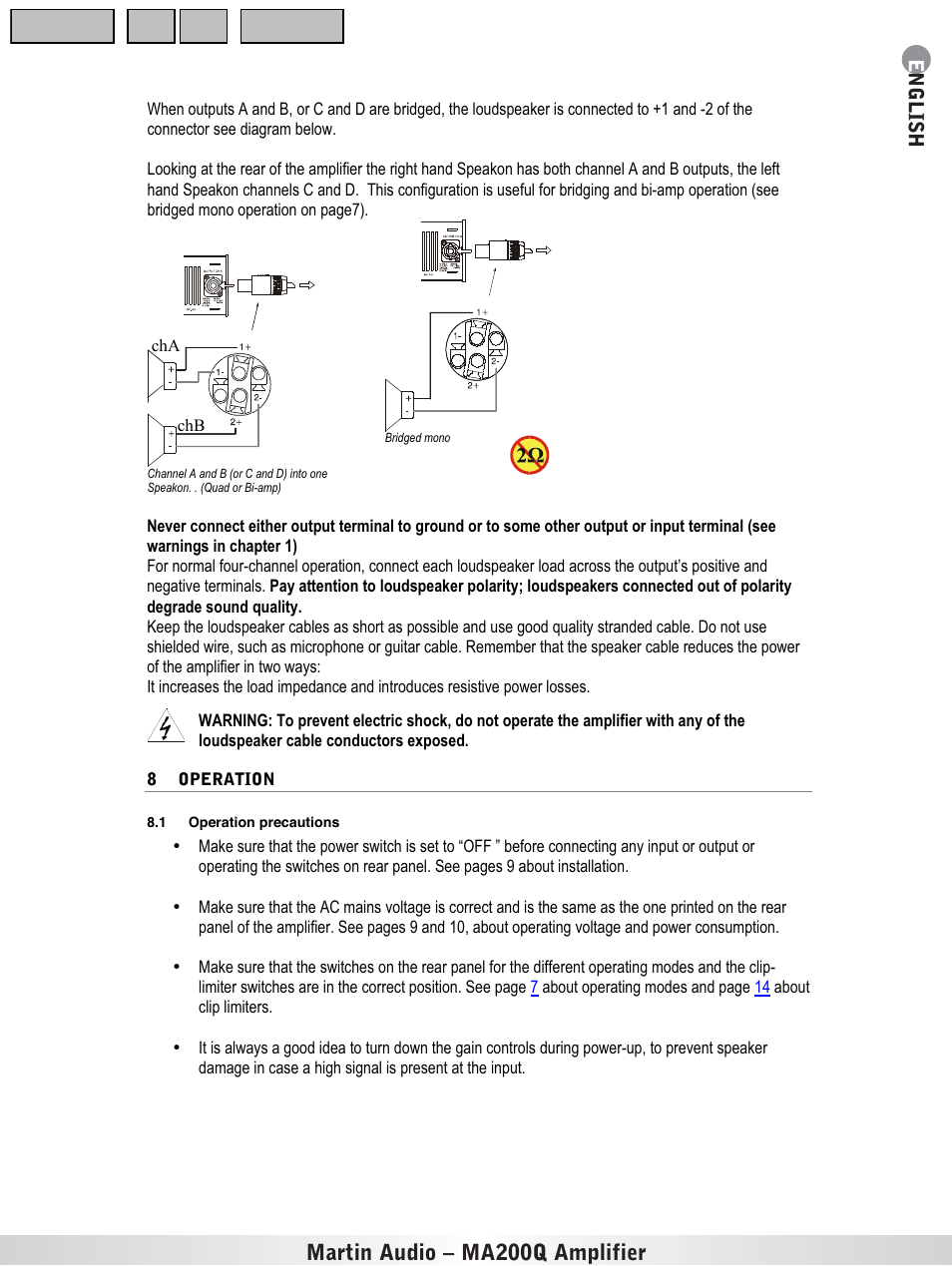 Operation, Operation precautions, Martin audio – ma200q amplifier | Martin Audio MA200Q User Manual | Page 13 / 21