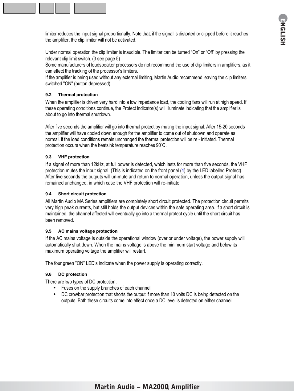 Thermal protection, Vhf protection, Short circuit protection | Ac mains voltage protection, Dc protection, O ng er pe, Martin audio – ma200q amplifier | Martin Audio MA200Q User Manual | Page 15 / 21