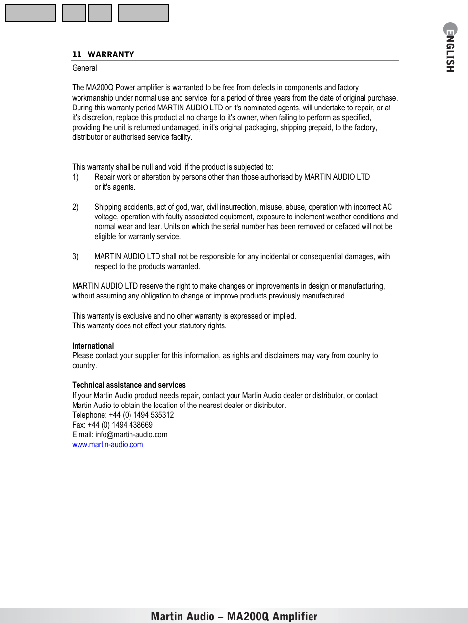 Warranty, Martin audio – ma200q amplifier | Martin Audio MA200Q User Manual | Page 17 / 21
