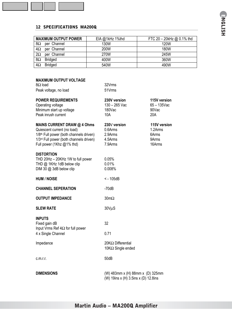 Specifications ma200q, Martin audio – ma200q amplifier | Martin Audio MA200Q User Manual | Page 18 / 21
