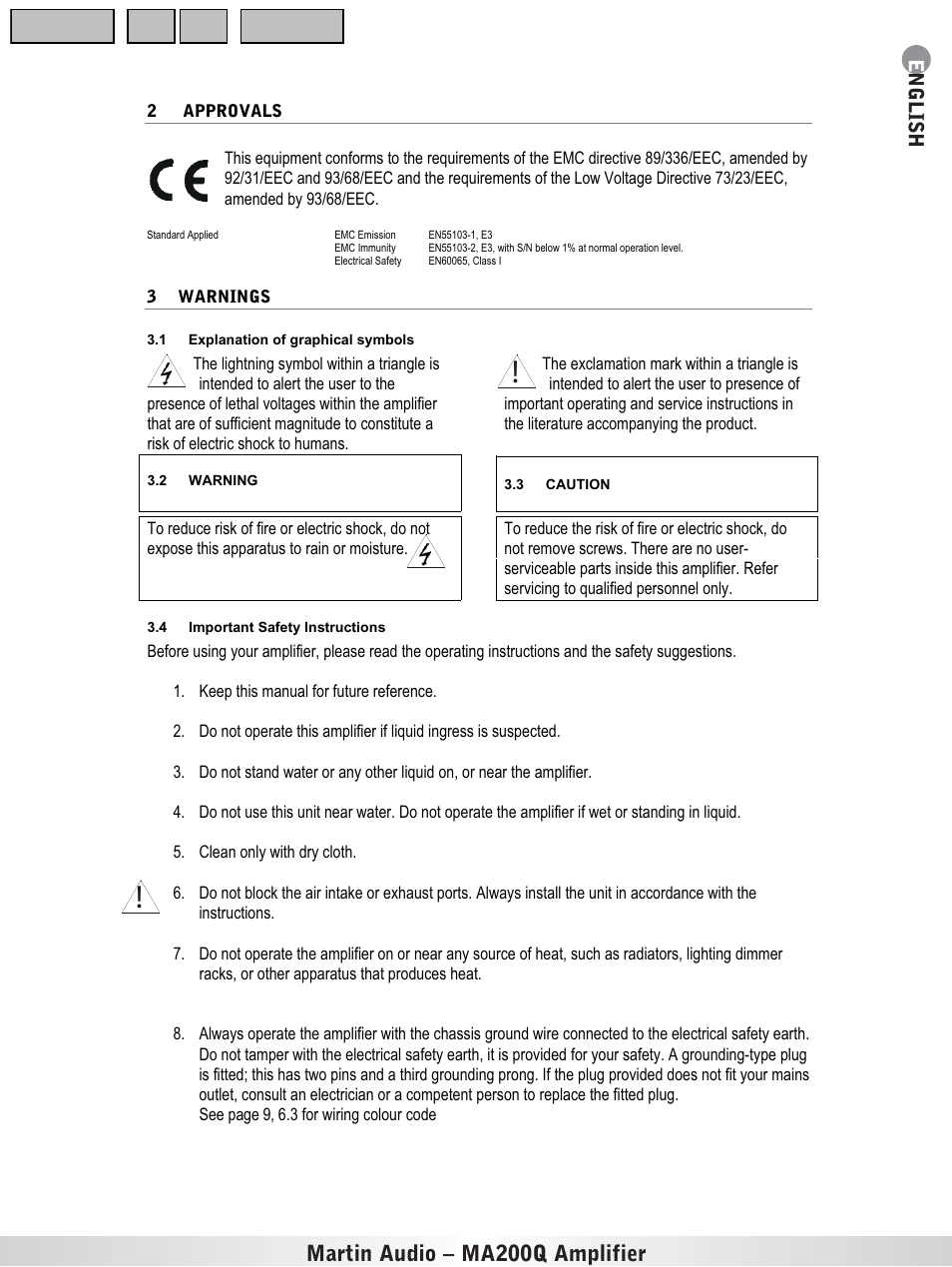 Approvals, Warnings, Explanation of graphical symbols | Warning, Caution, Important safety instructions, Martin audio – ma200q amplifier | Martin Audio MA200Q User Manual | Page 2 / 21