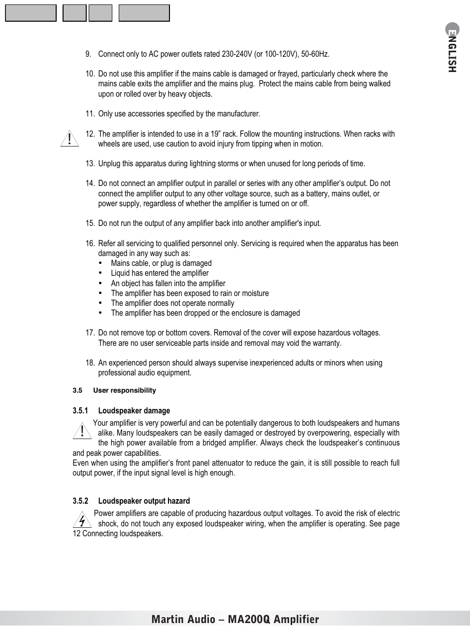 User responsibility, Loudspeaker damage, Loudspeaker output hazard | Martin audio – ma200q amplifier | Martin Audio MA200Q User Manual | Page 3 / 21