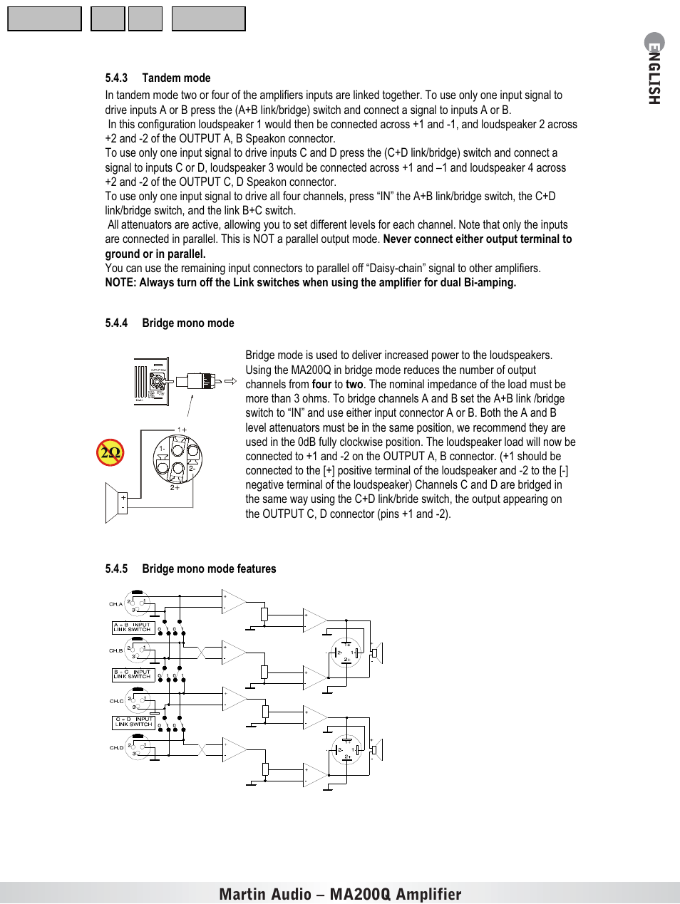 Tandem mode, Bridge mono mode, Bridge mono mode features | Martin Audio MA200Q User Manual | Page 8 / 21