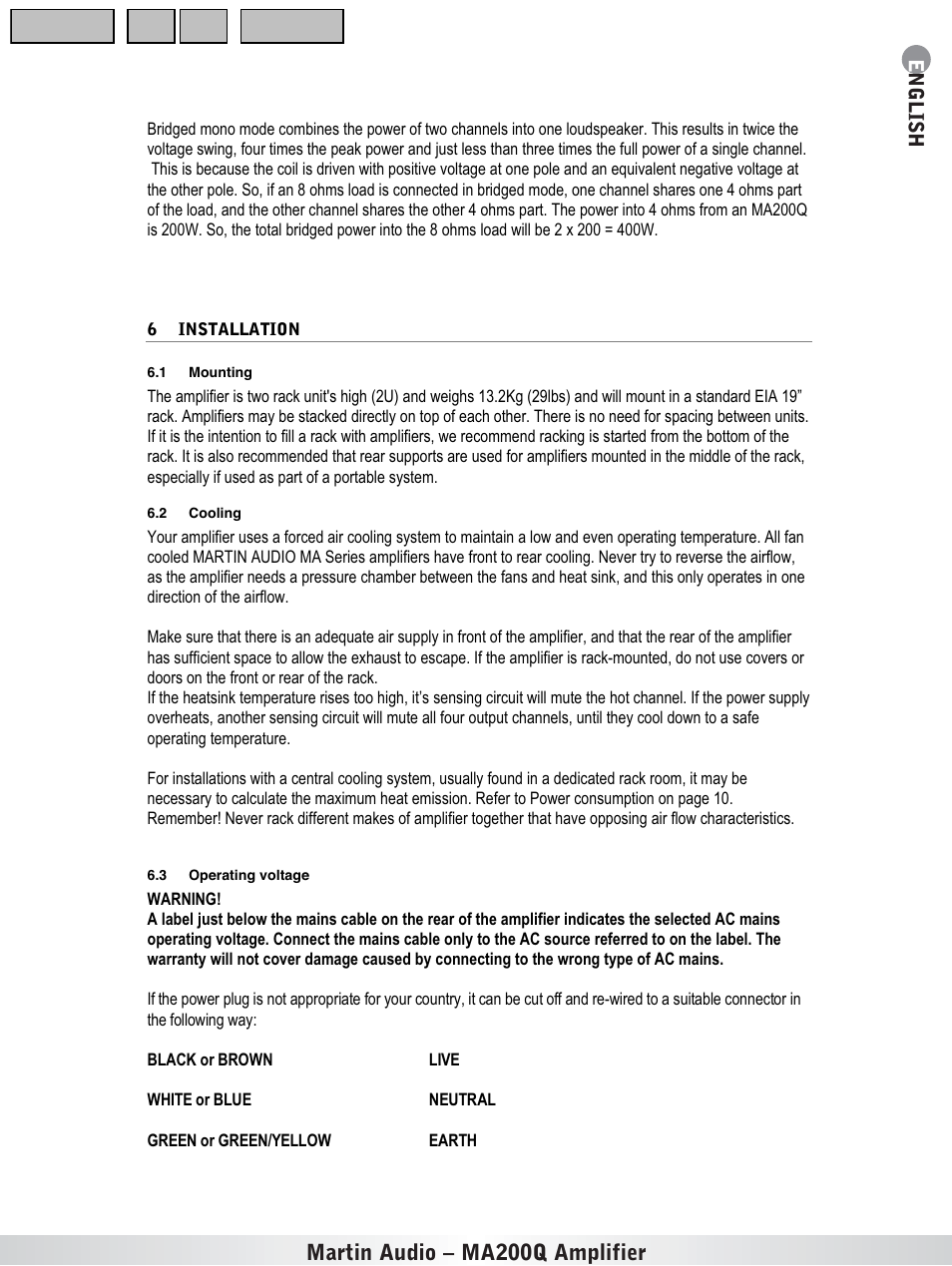 Installation, Mounting, Cooling | Operating voltage, Martin audio – ma200q amplifier | Martin Audio MA200Q User Manual | Page 9 / 21