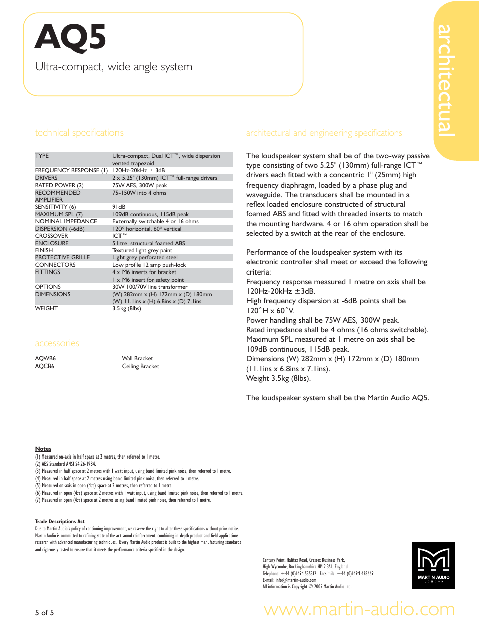 Architectual, Ultra-compact, wide angle system, Technical specifications | Accessories, Architectural and engineering specifications | Martin Audio AQ5 User Manual | Page 5 / 5