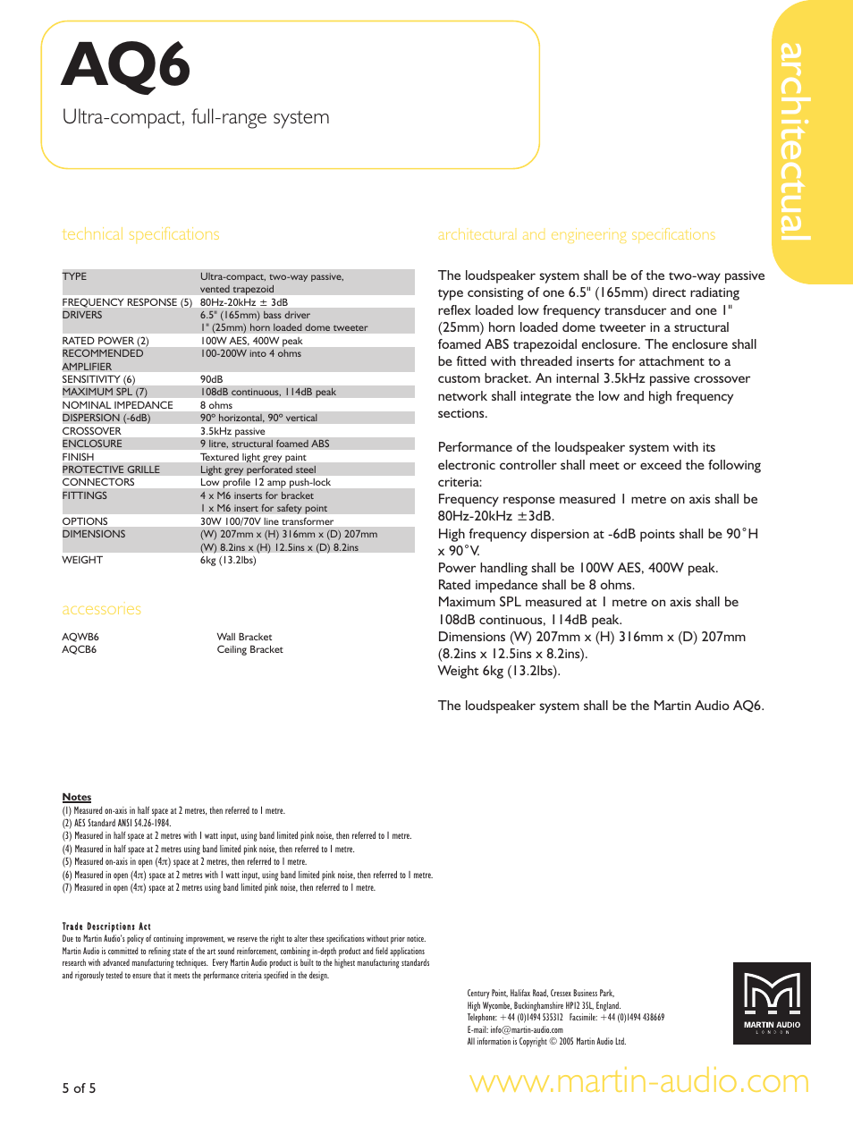 Architectual, Ultra-compact, full-range system, Technical specifications | Accessories, Architectural and engineering specifications | Martin Audio AQ6 User Manual | Page 5 / 5