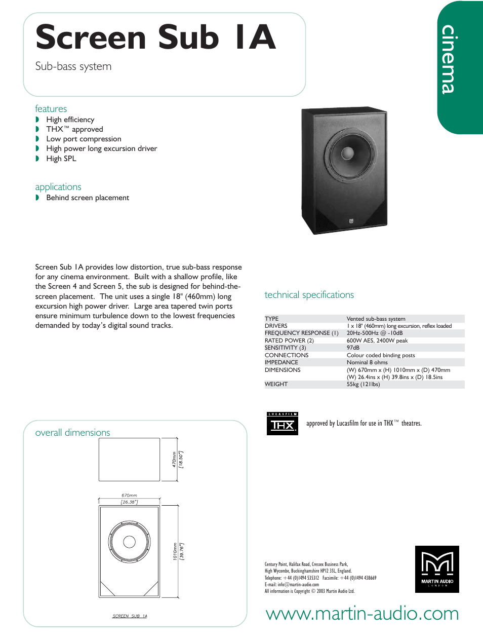 Martin Audio Screen Sub 1A User Manual | 1 page
