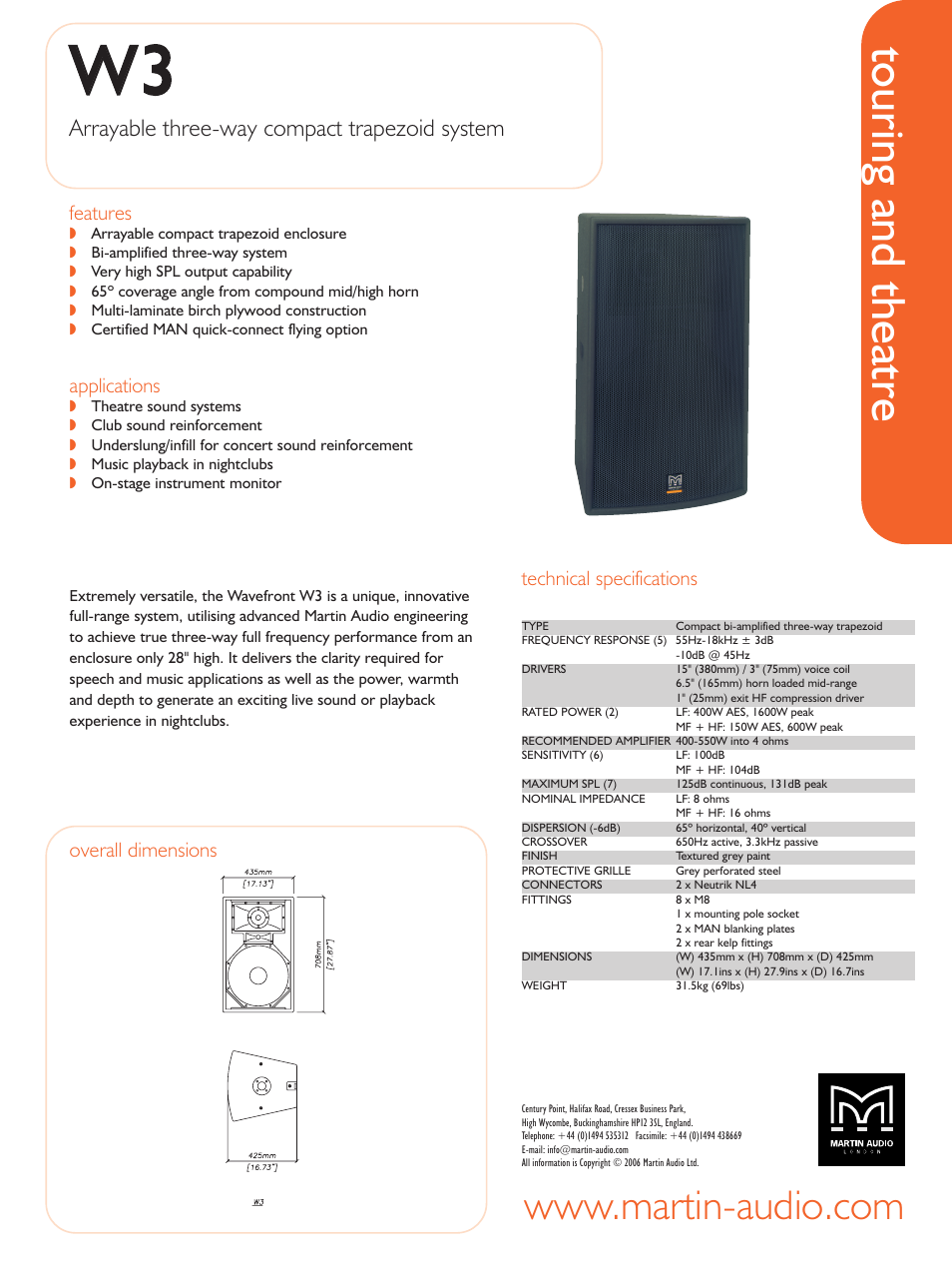 Martin Audio Touring and Theatre W3 User Manual | 1 page