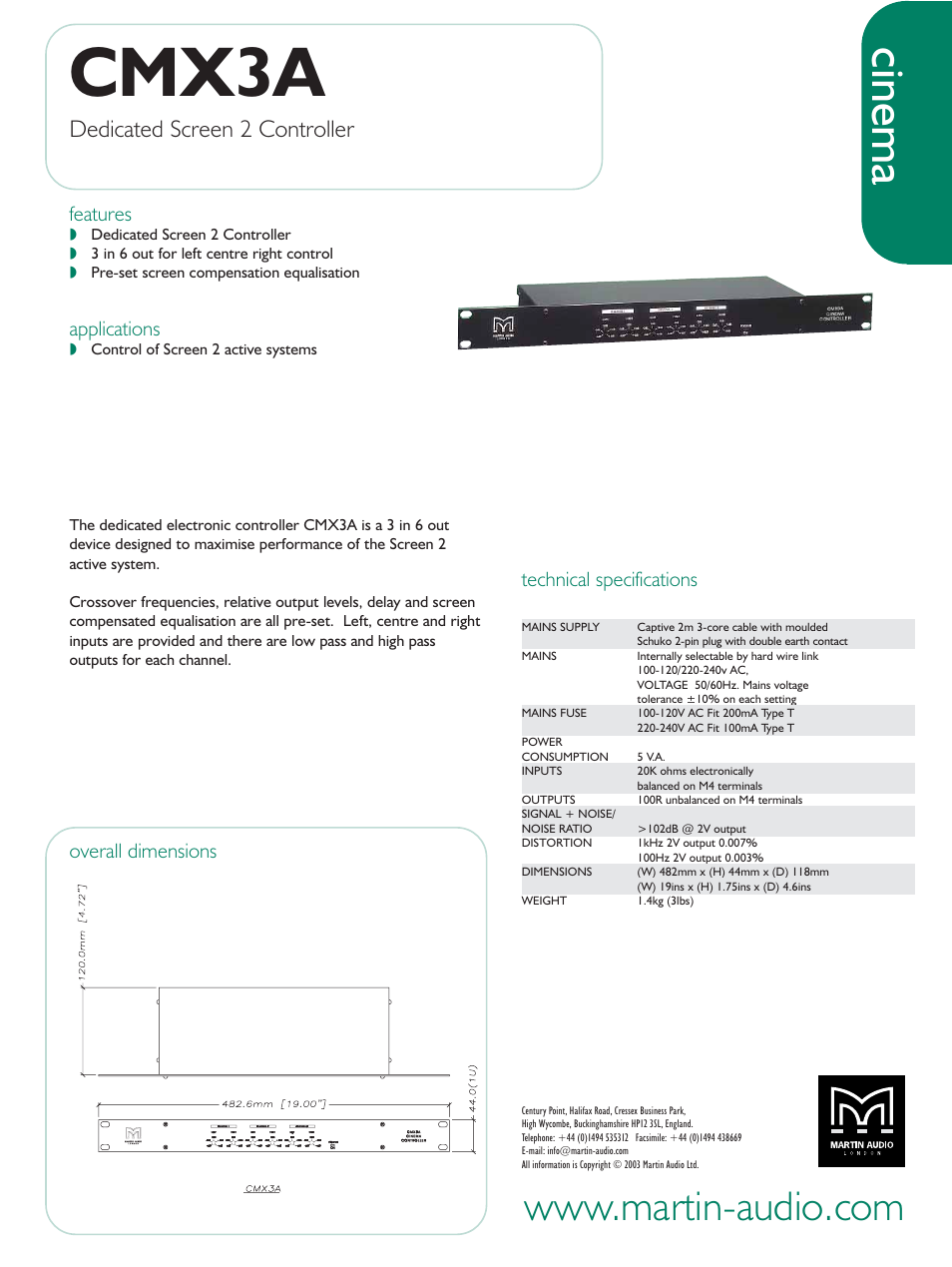 Martin Audio Dedicated Screen 2 Controller CMX3A User Manual | 1 page