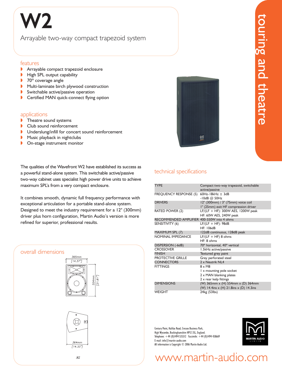 Martin Audio Touring and Theatre W2 User Manual | 1 page