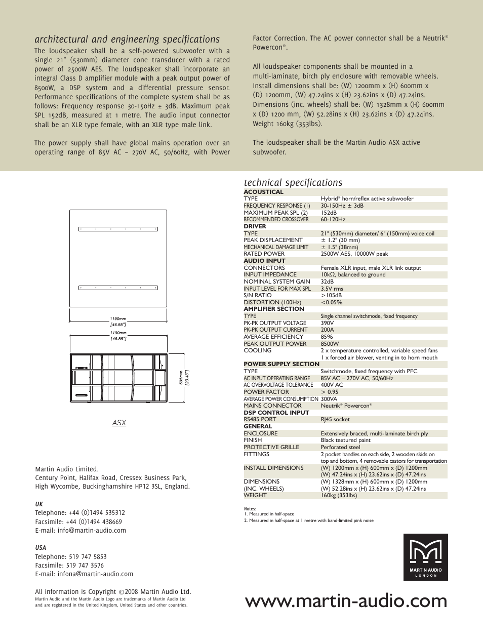 Architectural and engineering specifications, Technical specifications | Martin Audio ASX User Manual | Page 4 / 4