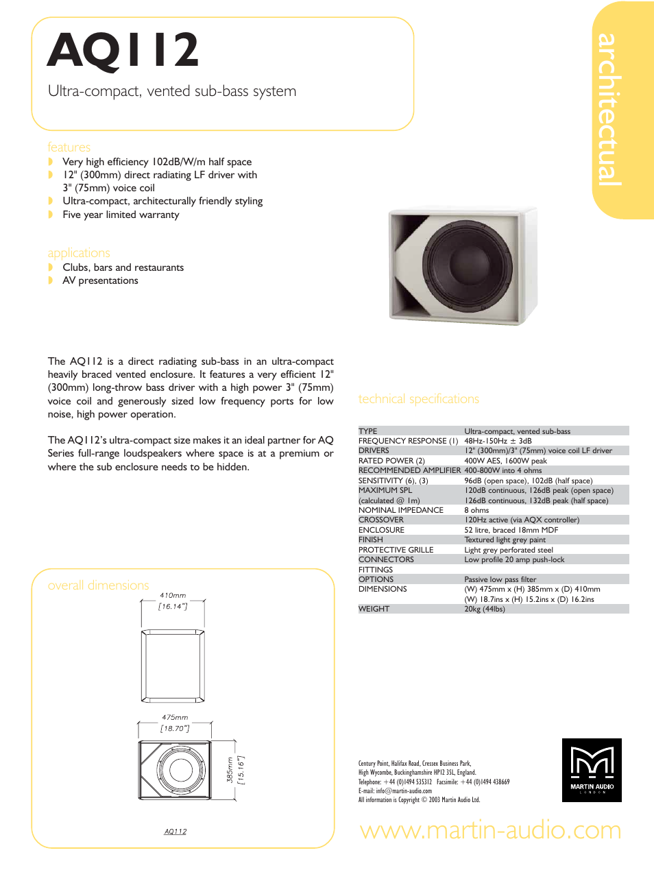 Martin Audio AQ112 User Manual | 1 page