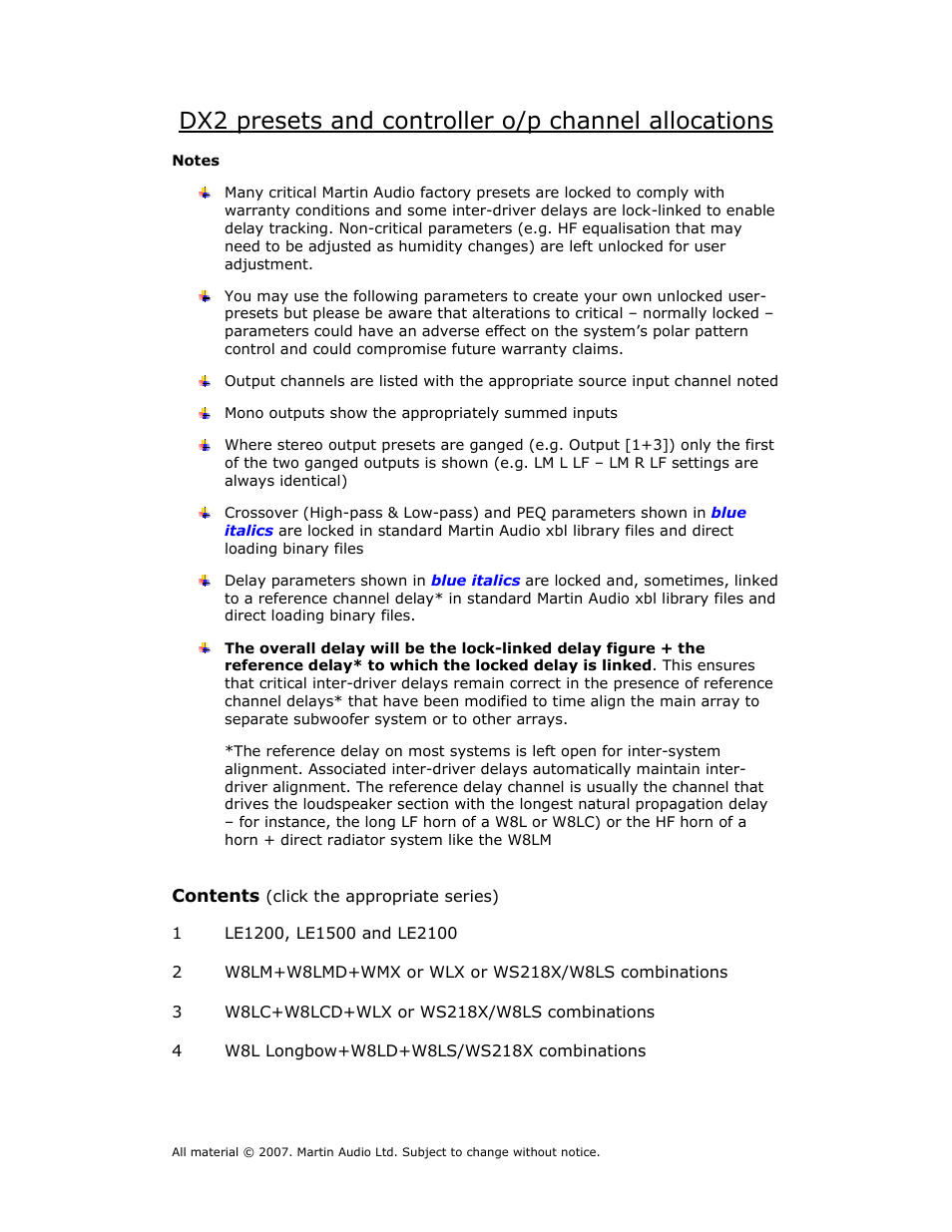 Dx2 presets and controller o/p channel allocations | Martin Audio DX2 User Manual | Page 6 / 116