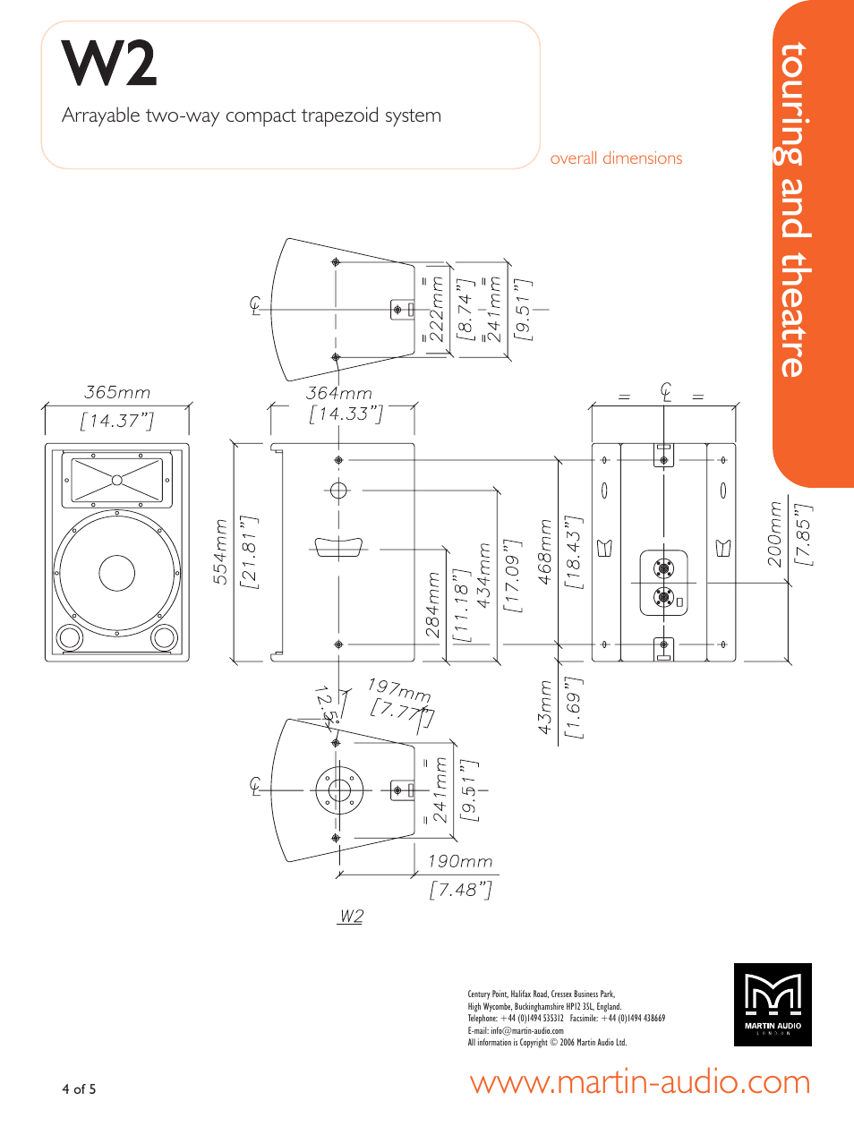 Overall dimensions, Ww2 2, Touring and theatre | Martin Audio WW22 User Manual | Page 4 / 5