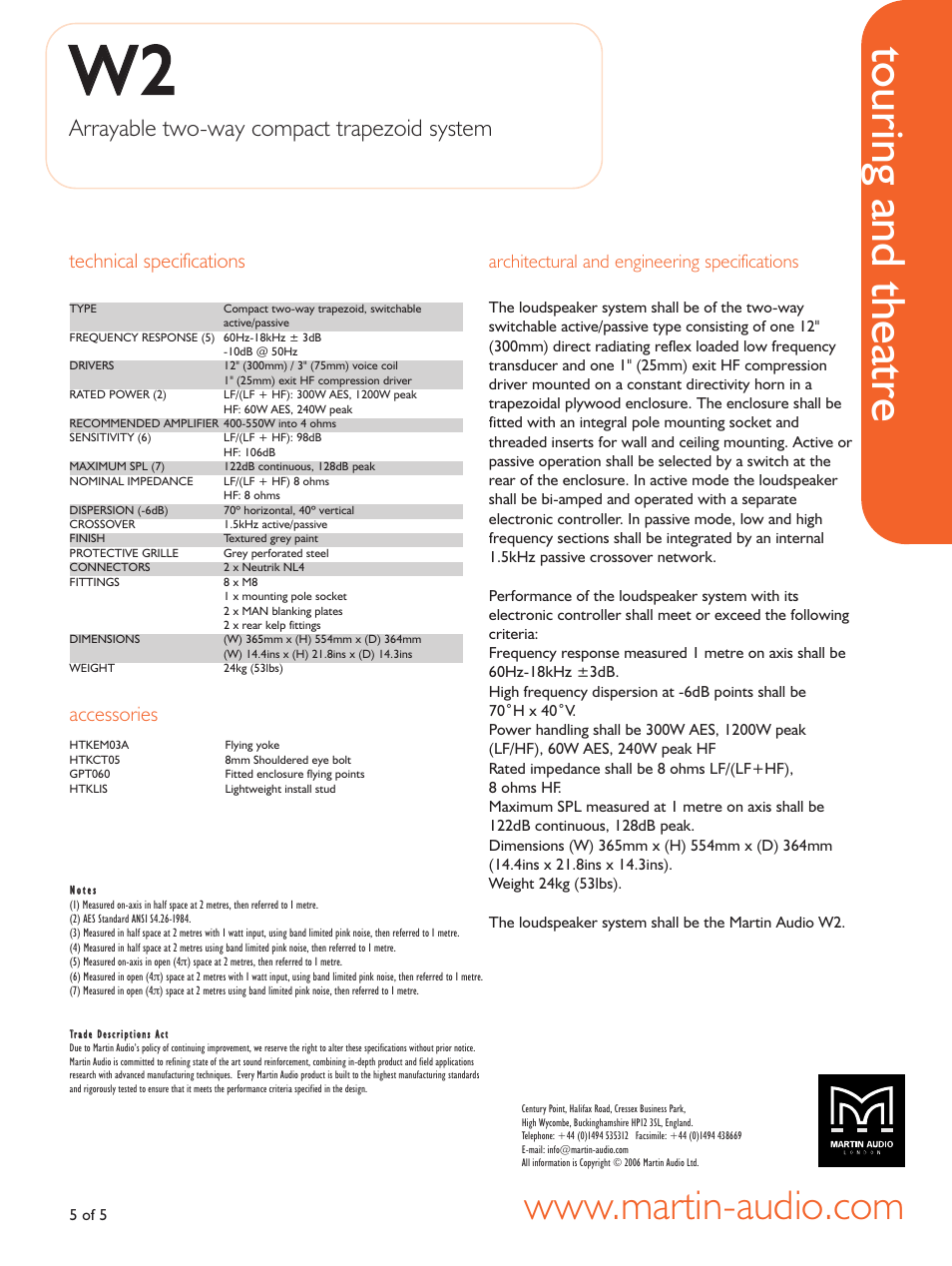 Technical specifications, Architectural and engineering specifications, Accessories | Ww2 2, Touring and theatre, Arrayable two-way compact trapezoid system | Martin Audio WW22 User Manual | Page 5 / 5