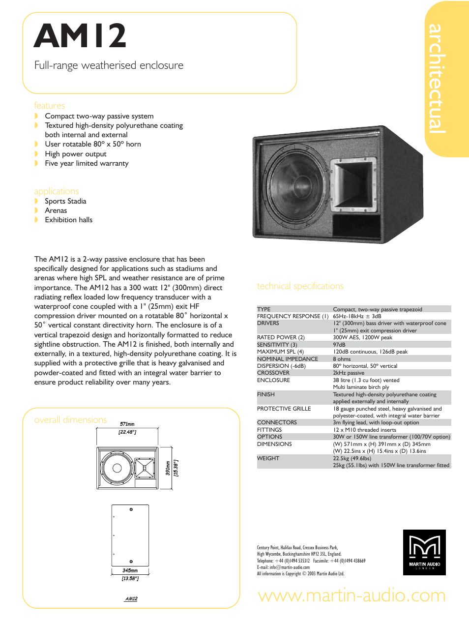 Martin Audio Full-range Weatherised Enclosure AM12 User Manual | 1 page