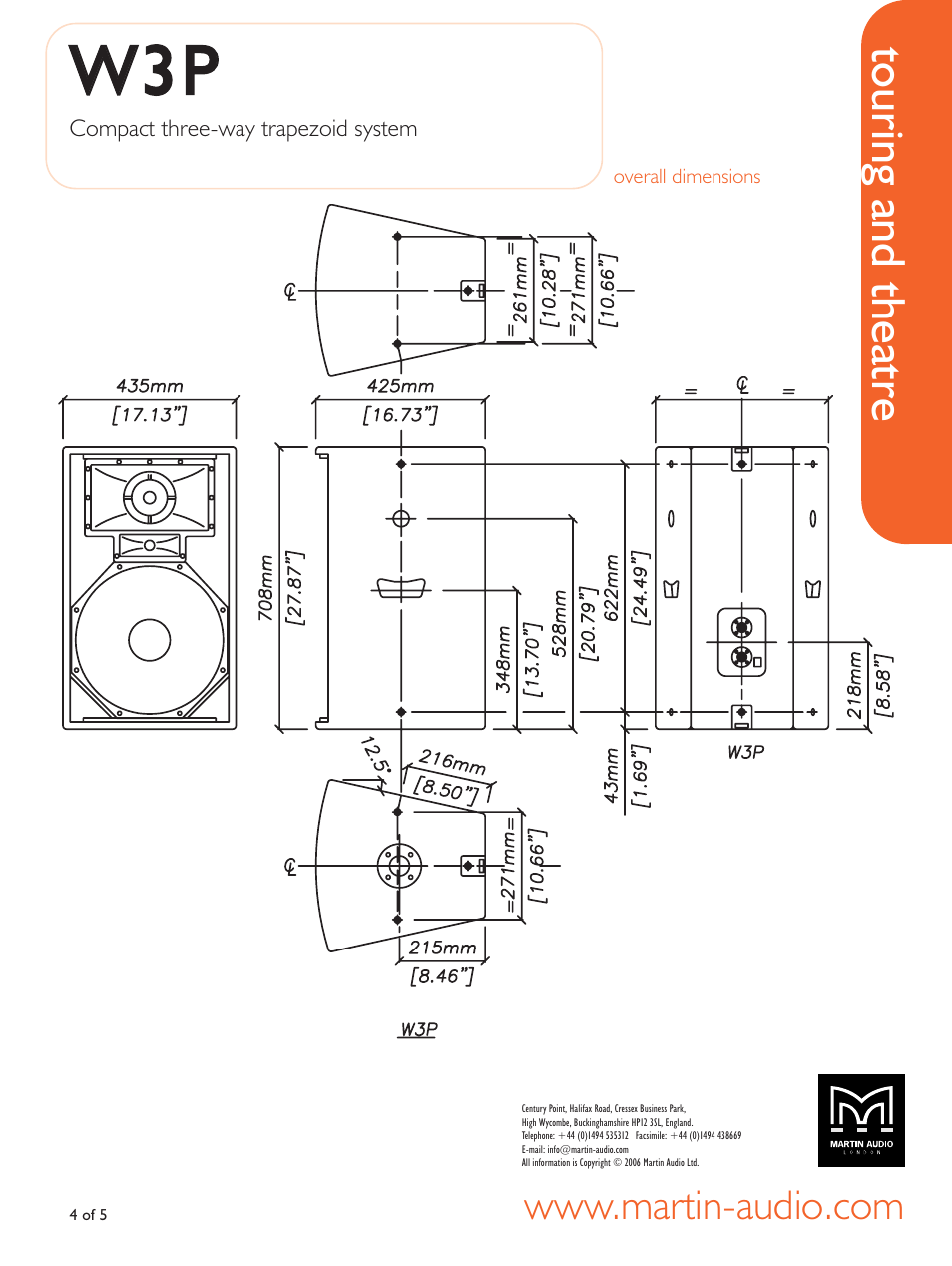 Overall dimensions, Ww3 3p p, Touring and theatre | Martin Audio Compact Three-way Trapezoid System WW33PP User Manual | Page 4 / 5